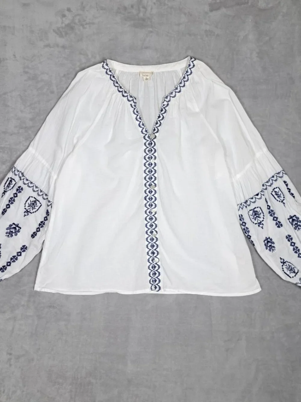 Nicole Miller Peasant Blouse L Top Boho Festival Cottagecore Coastal White Blue - Picture 1 of 8